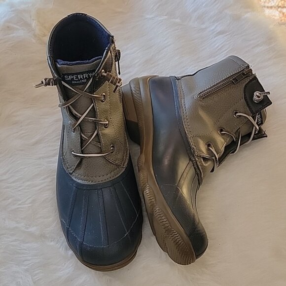 SPERRY Saltwater Blue Gray Lace Up Side Zip Preppy Waterproof Rain Duck Boots 7 - Picture 1 of 10
